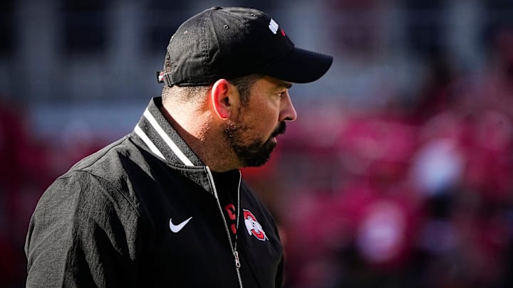 Ohio State Buckeyes head coach Ryan Day watches warm ups prior to the NCAA football game against the Michigan Wolverines at Ohio Stadium in Columbus on Saturday, Nov. 30, 2024.