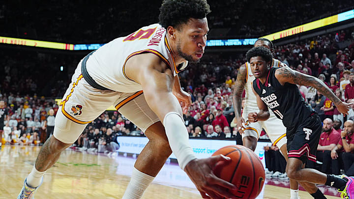 Iowa State Cyclones forward Joshua Jefferson (5) saves the ball around Texas Tech Red Raiders guard Jaylen Petty (11) during the second half in the Big-12 conference men’s basketball showdown on Feb. 28, 2026, at Hilton Coliseum in Ames, Iowa. Iowa State Cyclones forward Joshua Jefferson (5) saves the ball around Texas Tech Red Raiders guard Jaylen Petty (11) during the second half in the Big-12 conference men’s basketball showdown on Feb. 28, 2026, at Hilton Coliseum in Ames, Iowa.
