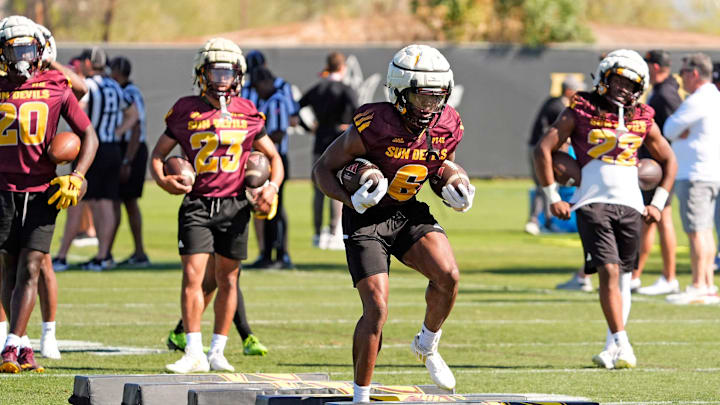 Arizona State running back Kanye Udoh (6) during spring football practice at Kajikawa practice fields in Tempe on Tuesday, March 25, 2025.