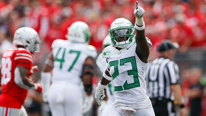 Oregon Ducks safety Verone McKinley III (23) celebrates making an interception during the fourth quarter of the NCAA football game against the Ohio State Buckeyes at Ohio Stadium in Columbus on Saturday, Sept. 11, 2021. The Ducks won 35-28

Oregon Ducks At Ohio State Buckeyes Football