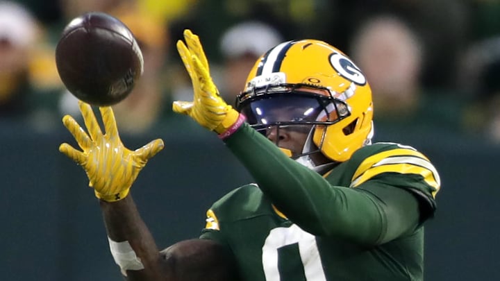 Oct 12, 2025; Green Bay, Wisconsin, USA; Green Bay Packers wide receiver Matthew Golden (0) catches a fourth quarter first down pass against the Cincinnati Bengals during the game at Lambeau Field. Oct 12, 2025; Green Bay, Wisconsin, USA; Green Bay Packers wide receiver Matthew Golden (0) catches a fourth quarter first down pass against the Cincinnati Bengals during the game at Lambeau Field.