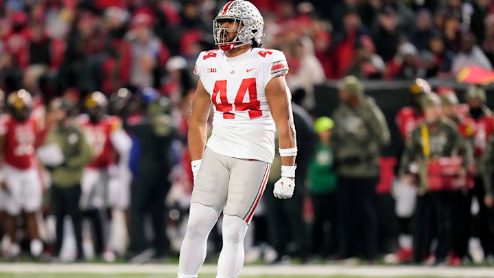 Nov 19, 2022; College Park, MD, USA; Ohio State Buckeyes defensive end J.T. Tuimoloau (44) celebrates his sack of Maryland Terrapins quarterback Taulia Tagovailoa (3) in the second quarter of their Big Ten game at SECU Stadium.
Ceb Osu22mar Kwr 35 Nov 19, 2022; College Park, MD, USA; Ohio State Buckeyes defensive end J.T. Tuimoloau (44) celebrates his sack of Maryland Terrapins quarterback Taulia Tagovailoa (3) in the second quarter of their Big Ten game at SECU Stadium.
Ceb Osu22mar Kwr 35