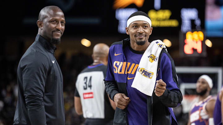 Oct 6, 2024; Palm Desert, California, USA; Phoenix Suns guard Bradley Beal (3) dances during a second half time out against the Los Angeles Lakers at Acrisure Arena. Mandatory Credit: David Frerker-Imagn Images