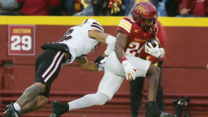 Iowa State and running back Abu Sama III (24) enter Saturday's game vs. Kansas as slight favorites. Iowa State and running back Abu Sama III (24) enter Saturday's game vs. Kansas as slight favorites.