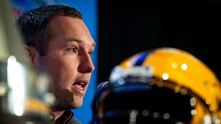 Arizona Sun Devils head coach Kenny Dillingham speaks to the media at the Joint Head Coaches Press Conference at the Westin Peachtree Plaza in Atlanta, Georgia on Dec. 31, 2024, ahead of the Peach Bowl College Football Quarterfinal Game on New Years Day.