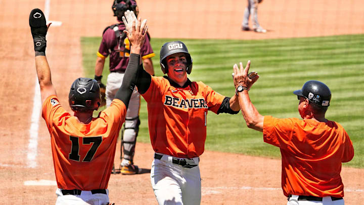 Oregon State's Gavin Turley (1) celebrates after hitting a 3-run inside-the-park home run against Arizona State in the ninth inning during the Pac-12 Tournament at Scottsdale Stadium on May 25, 2023. Oregon State's Gavin Turley (1) celebrates after hitting a 3-run inside-the-park home run against Arizona State in the ninth inning during the Pac-12 Tournament at Scottsdale Stadium on May 25, 2023.