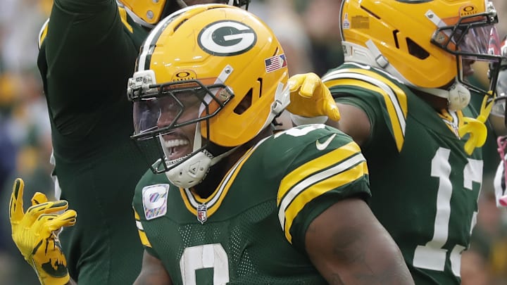 Green Bay Packers running back Josh Jacobs celebrates a first-half touchdown against the Cincinnati Bengals at Lambeau Field. Green Bay Packers running back Josh Jacobs celebrates a first-half touchdown against the Cincinnati Bengals at Lambeau Field.