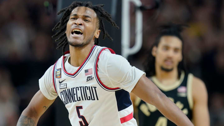 Connecticut Huskies guard Stephon Castle (5) celebrates after a foul call during the NCAA Men’s