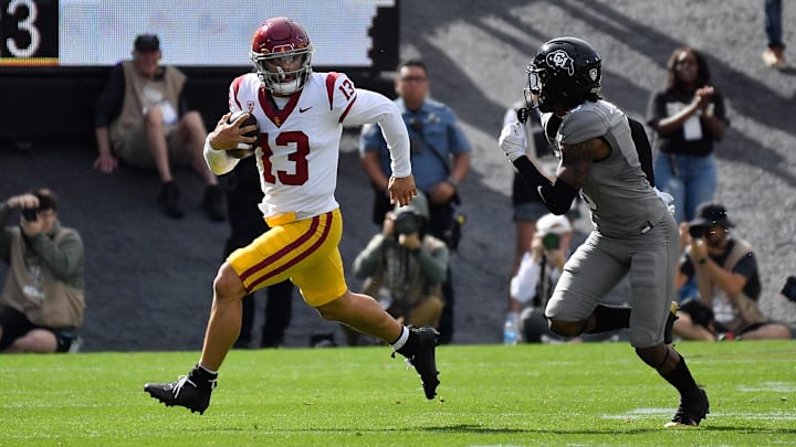 Sep 30, 2023; Boulder, Colorado, USA; USC Trojans quarterback Caleb Williams (13) scrambles for a