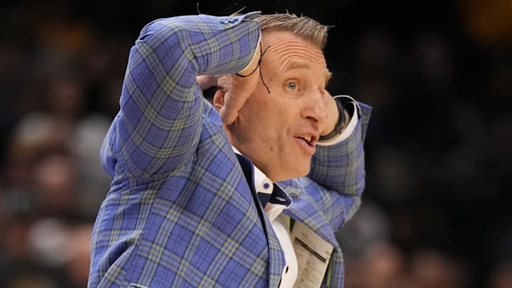 Feb 19, 2025; Columbia, Missouri, USA; Alabama Crimson Tide head coach Nate Oats reacts to a non-call against the Missouri Tigers during the first half at Mizzou Arena. Mandatory Credit: Denny Medley-Imagn Images