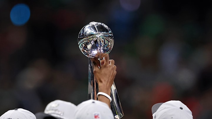 Feb 9, 2025; New Orleans, LA, USA; A detail view as the Philadelphia Eagles lift the Vince Lombardi Trophy after winning Super Bowl LIX against the Kansas City Chiefs at Caesars Superdome. Mandatory Credit: Bill Streicher-Imagn Images