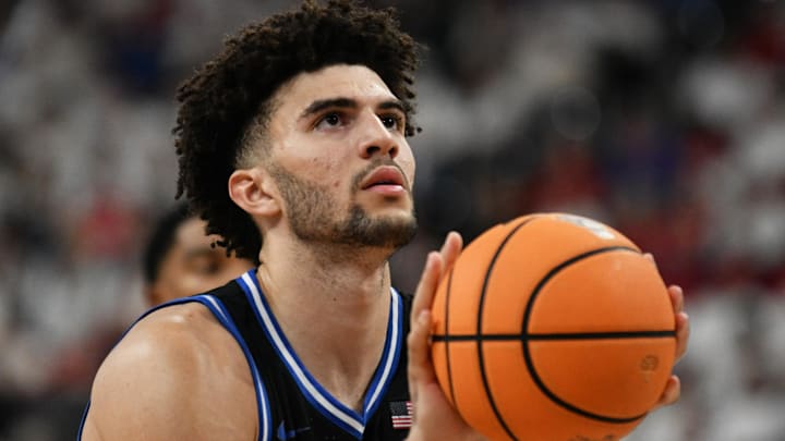 Mar 2, 2026; Raleigh, North Carolina, USA; Duke Blue Devils forward Cameron Boozer (12) shoots a free throw during the second half against the NC State Wolfpack at Lenovo Center. Mandatory Credit: Zachary Taft-Imagn Images Mar 2, 2026; Raleigh, North Carolina, USA; Duke Blue Devils forward Cameron Boozer (12) shoots a free throw during the second half against the NC State Wolfpack at Lenovo Center. Mandatory Credit: Zachary Taft-Imagn Images