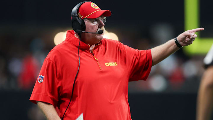 Kansas City Chiefs head coach Andy Reid on the sideline against the Atlanta Falcons in the fourth quarter at Mercedes-Benz Stadium.