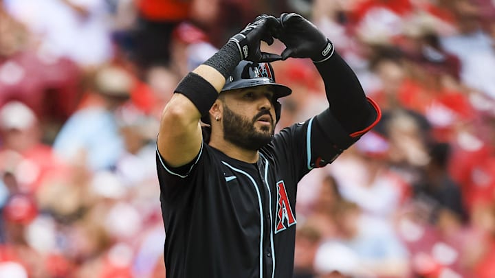 Jun 7, 2025; Cincinnati, Ohio, USA; Arizona Diamondbacks third baseman Eugenio Suarez (28) reacts after hitting a solo home run in the second inning against the Cincinnati Reds at Great American Ball Park. Mandatory Credit: Katie Stratman-Imagn Images