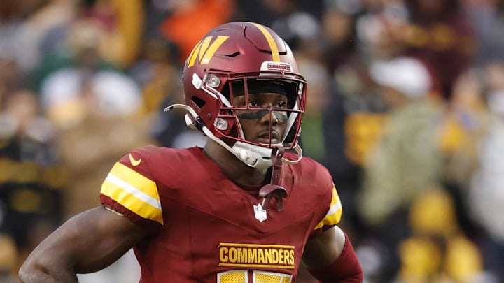 Nov 10, 2024; Landover, Maryland, USA; Washington Commanders wide receiver Terry McLaurin (17) looks on from the field during final minute of the game against the Pittsburgh Steelers at Northwest Stadium. Mandatory Credit: Amber Searls-Imagn Images