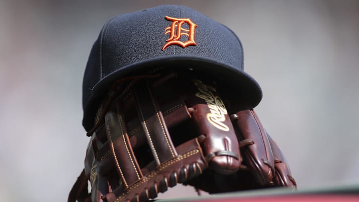 Jun 1, 2019; Atlanta, GA, USA; Detroit Tigers hat and glove are seen in the dugout before a game against the Atlanta Braves at SunTrust Park.