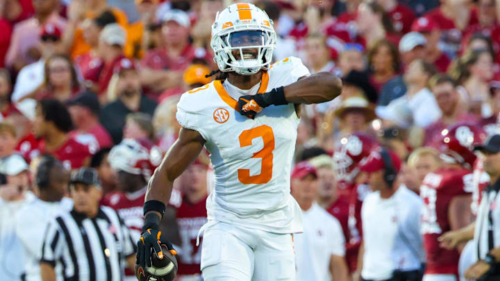 Sep 21, 2024; Norman, Oklahoma, USA; Tennessee Volunteers defensive back Jermod McCoy (3) reacts after making an interception during the first quarter against the Oklahoma Sooners at Gaylord Family-Oklahoma Memorial Stadium. Sep 21, 2024; Norman, Oklahoma, USA; Tennessee Volunteers defensive back Jermod McCoy (3) reacts after making an interception during the first quarter against the Oklahoma Sooners at Gaylord Family-Oklahoma Memorial Stadium.