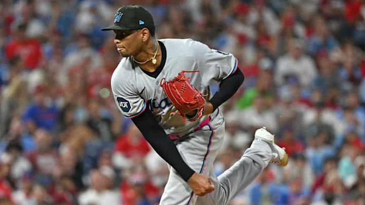 Sep 23, 2025; Philadelphia, Pennsylvania, USA; Miami Marlins pitcher Edward Cabrera (27) throws a pitch during the second inning against the Philadelphia Phillies at Citizens Bank Park. 