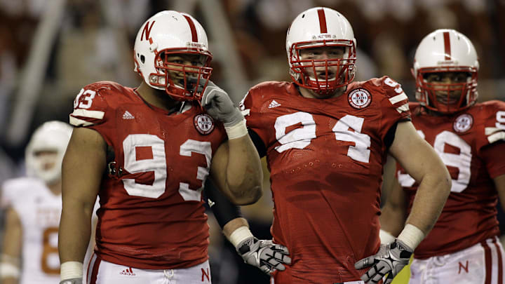 Dec 5, 2009; Arlington, TX, USA; Nebraska Cornhuskers defensive tackle Ndamukong Suh (93) and defensive tackle Jared Crick (94) in action against the Texas Longhorns in the fourth quarter of the 2009 Big 12 championship game at Cowboys Stadium. Texas defeated Nebraska 13-12.  Mandatory Credit: Brett Davis-Imagn Images