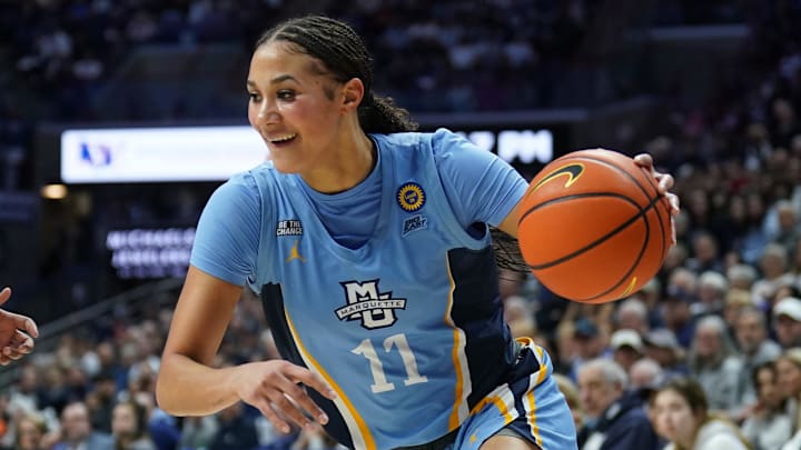 Mar 2, 2025; Storrs, Connecticut, USA; Marquette Golden Eagles forward Skylar Forbes (11) reacts after stepping out of bounds against the UConn Huskies in the first half at Harry A. Gampel Pavilion. Mandatory Credit: David Butler II-Imagn Images