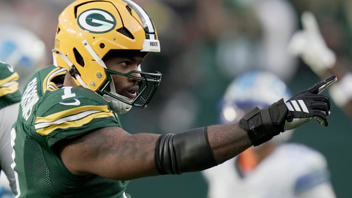 Green Bay Packers defensive end Micah Parsons is shown after making a sack against the Detroit Lions 