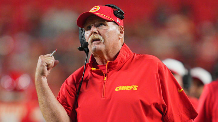 Aug 22, 2024; Kansas City, Missouri, USA; Kansas City Chiefs head coach Andy Reid reacts to a touchdown during the second half against the Chicago Bears at GEHA Field at Arrowhead Stadium. Mandatory Credit: Jay Biggerstaff-Imagn Images