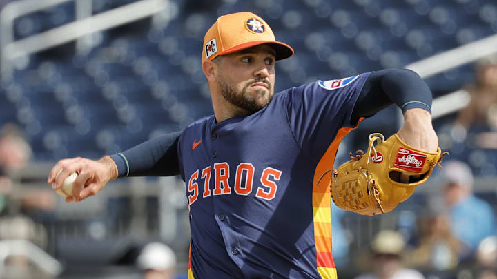Feb 22, 2025; West Palm Beach, Florida, USA; Houston Astros pitcher Luis Contreras (73) throws a pitch in the sixth inning against the Washington Nationals at CACTI Park of the Palm Beaches.