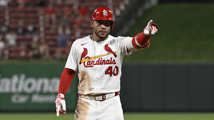 Sep 15, 2025; St. Louis, Missouri, USA; St. Louis Cardinals first baseman Willson Contreras (40) celebrates after hitting a RBI single against the Cincinnati Reds in the sixth inning at Busch Stadium. Mandatory Credit: Joe Puetz-Imagn Images