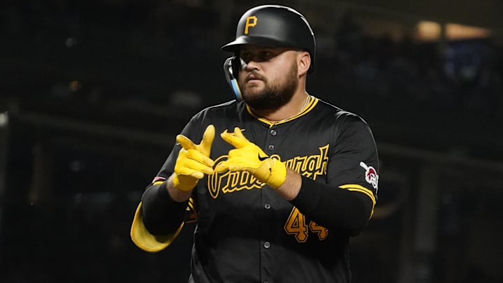 Pittsburgh Pirates first baseman Rowdy Tellez gestures after hitting a single against the Chicago Cubs on Sept. 3 at Wrigley Field. Pittsburgh Pirates first baseman Rowdy Tellez gestures after hitting a single against the Chicago Cubs on Sept. 3 at Wrigley Field.