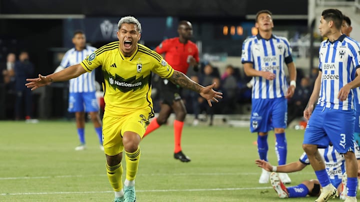 Apr 24, 2024; Columbus, OH, USA; Columbus Crew forward Cucho Hernandez (9) celebrates scoring a goal