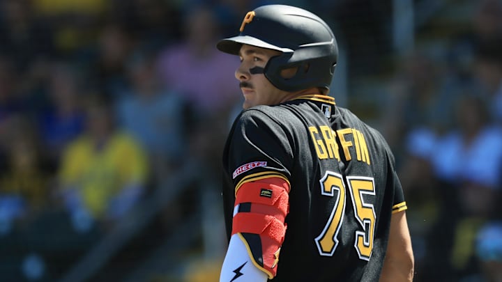 Mar 21, 2026; Bradenton, Florida, USA;  Pittsburgh Pirates infielder Konnor Griffin (75)  at bat during the fourth inning against the Toronto Blue Jays at LECOM Park. Mandatory Credit: Kim Klement Neitzel-Imagn Images
