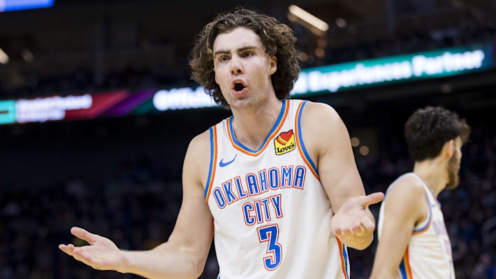 Nov 18, 2023; San Francisco, California, USA; Oklahoma City Thunder guard Josh Giddey (3) reacts after a foul is called in favor of the Golden State Warriors during the second half at Chase Center. Mandatory Credit: John Hefti-USA TODAY Sports Nov 18, 2023; San Francisco, California, USA; Oklahoma City Thunder guard Josh Giddey (3) reacts after a foul is called in favor of the Golden State Warriors during the second half at Chase Center. Mandatory Credit: John Hefti-USA TODAY Sports