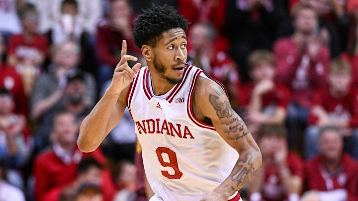 Indiana Hoosiers guard Kanaan Carlyle (9) celebrates after making a three-point basket during the second half against the Minnesota Golden Gophers at Simon Skjodt Assembly Hall.