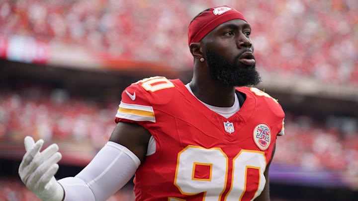 Sep 14, 2025; Kansas City, Missouri, USA; Kansas City Chiefs defensive end Charles Omenihu (90) looks on prior to the game against the Philadelphia Eagles at GEHA Field at Arrowhead Stadium. Mandatory Credit: Denny Medley-Imagn Images