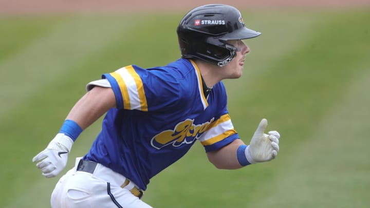 RubberDucks’ Travis Bazzana runs to first base in a game against the Altoona Curve on April 13, 2025, in Akron, Ohio.
