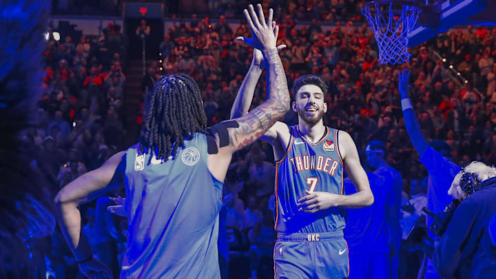 Feb 7, 2025; Oklahoma City, Oklahoma, USA; Oklahoma City Thunder forward Chet Holmgren (7) high fives forward Jaylin Williams during introductions before the start of a game against the Toronto Raptors during the second half at Paycom Center. Mandatory Credit: Alonzo Adams-Imagn Images