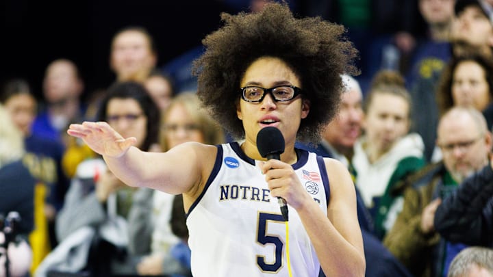 Notre Dame guard Olivia Miles addresses the crowd after winning the second round of the NCAA Women's Basketball Tournament 76-55 against Michigan at Purcell Pavilion on Sunday, March 23, 2025, in South Bend.