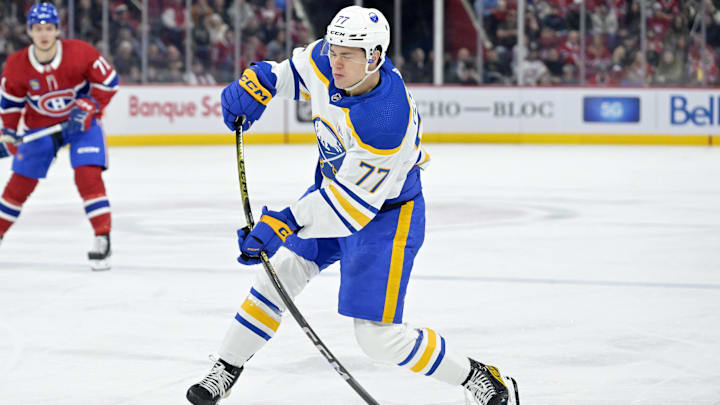 Jan 4, 2024; Montreal, Quebec, CAN; Buffalo Sabres forward JJ Peterka (77) takes a shot on the