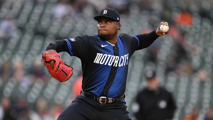 May 18, 2026; Detroit, Michigan, USA; Detroit Tigers starting pitcher Framber Valdez (59) throws a pitch against the Cleveland Guardians in the first inning at Comerica Park. 