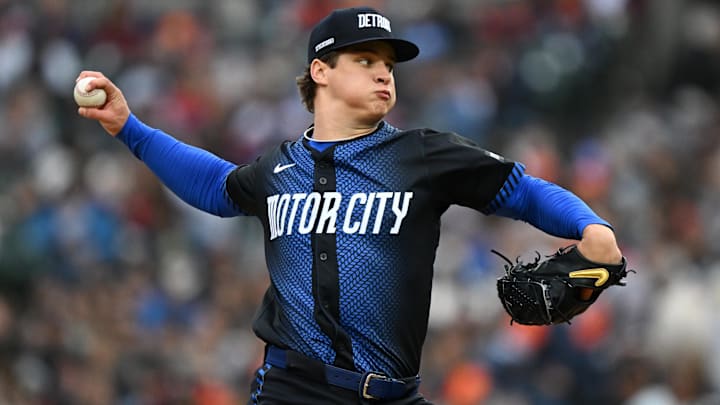 May 23, 2025; Detroit, Michigan, USA; Detroit Tigers starting pitcher Jackson Jobe (21) throws a pitch against the Cleveland Guardians in the second inning at Comerica Park. Mandatory Credit: Lon Horwedel-Imagn Images