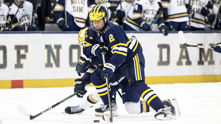 Michigan forward Rutger McGroarty (2) skates with the puck during the Michigan-Notre Dame NCAA hockey game on Saturday, November 12, 2022, at Compton Family Ice Arena in South Bend, Indiana.

Michigan Vs Notre Dame