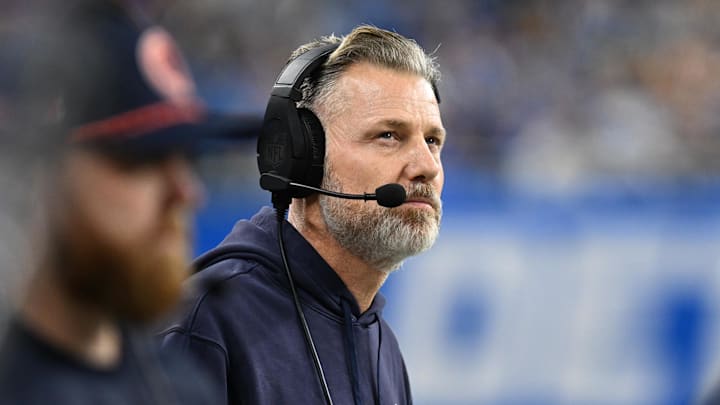 Nov 28, 2024; Detroit, Michigan, USA; Chicago Bears head coach Matt Eberflus looks at the scoreboard during their game against the Detroit Lions in the first quarter at Ford Field. Mandatory Credit: Lon Horwedel-Imagn Images