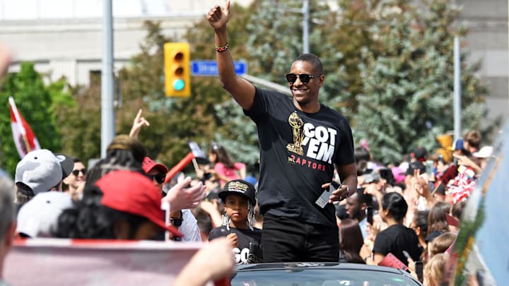 Jun 17, 2019; Toronto, Ontario, Canada; Toronto Raptors general manager Masai Ujiri celebrates with fans during the Toronto Raptors Championship Parade on Lakeshore Boulevard. Mandatory Credit: Gerry Angus-Imagn Images