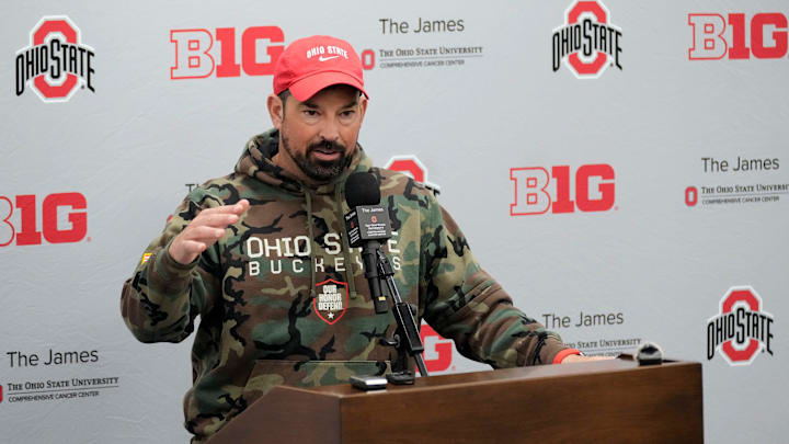 Ohio State head coach Ryan Day speaks to the meeting during a press conference before the start of spring football at the Woody Hayes Athletic Center on March 7, 2025.