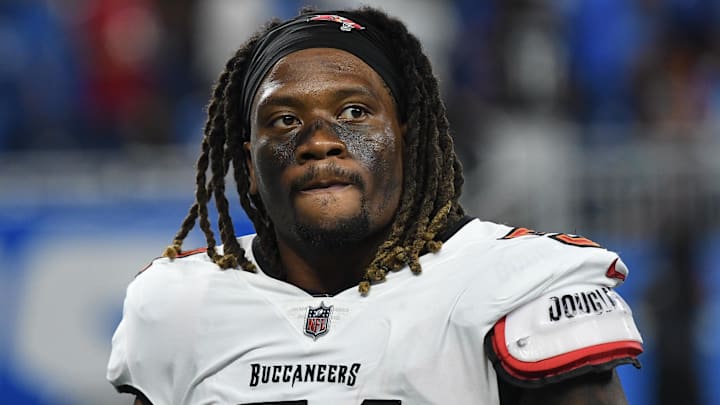 Sep 15, 2024; Detroit, Michigan, USA; Tampa Bay Buccaneers linebacker J.J. Russell (51) looks on after their game against the Detroit Lions at Ford Field. Mandatory Credit: Eamon Horwedel-Imagn Images
