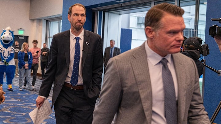Shane Steichen, left, walks in with Colts executives before being introduced at a press conference Tuesday, Feb. 14, 2023 announcing that he is the new Indianapolis Colts Head Coach. Colts Owner and CEO Jim Irsay and General Manager Chris Ballard introduced the new coach in the Gridiron Hall of the Indiana Farm Bureau Football Center.

Shane Steichen Is The New Indianapolis Colts Head Coach