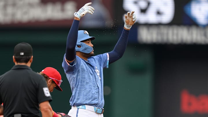 Mar 29, 2025; Washington, District of Columbia, USA; Washington Nationals outfielder James Wood (29) reacts after hitting a double during the fifth inning against the Philadelphia Phillies at Nationals Park. Mar 29, 2025; Washington, District of Columbia, USA; Washington Nationals outfielder James Wood (29) reacts after hitting a double during the fifth inning against the Philadelphia Phillies at Nationals Park.