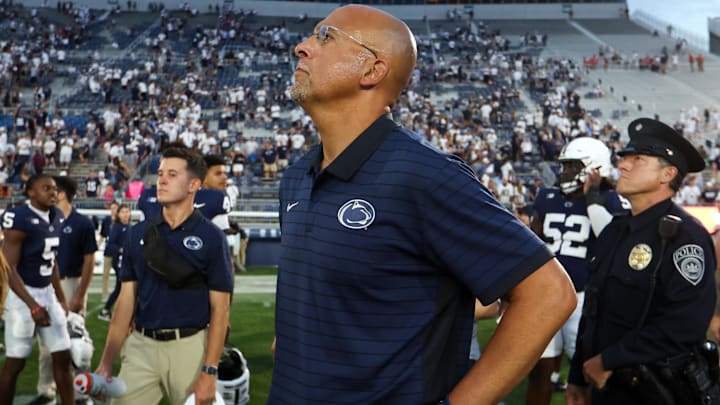 Sep 13, 2025; University Park, Pennsylvania, USA; Penn State Nittany Lions head coach James Franklin watches the replay of the final play of the game following the end of the game against the Villanova Wildcats at Beaver Stadium. Mandatory Credit: Matthew O'Haren-Imagn Image