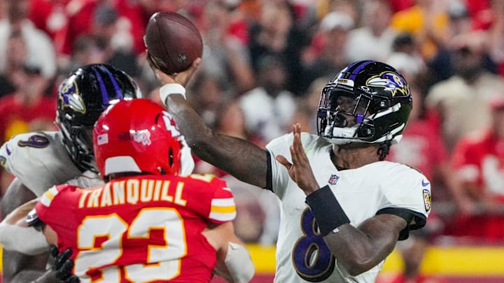 Sep 5, 2024; Kansas City, Missouri, USA; Baltimore Ravens quarterback Lamar Jackson (8) throws a pass against the Kansas City Chiefs during the game at GEHA Field at Arrowhead Stadium. Mandatory Credit: Denny Medley-Imagn Images