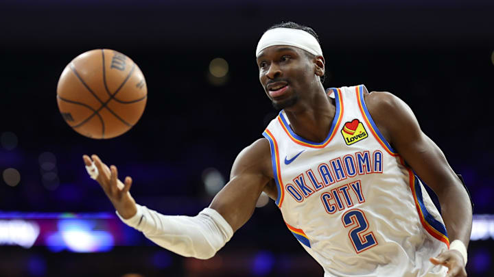 Mar 23, 2026; Philadelphia, Pennsylvania, USA; Oklahoma City Thunder guard Shai Gilgeous-Alexander (2) passes the ball against the Philadelphia 76ers during the third quarter at Xfinity Mobile Arena. Mar 23, 2026; Philadelphia, Pennsylvania, USA; Oklahoma City Thunder guard Shai Gilgeous-Alexander (2) passes the ball against the Philadelphia 76ers during the third quarter at Xfinity Mobile Arena.